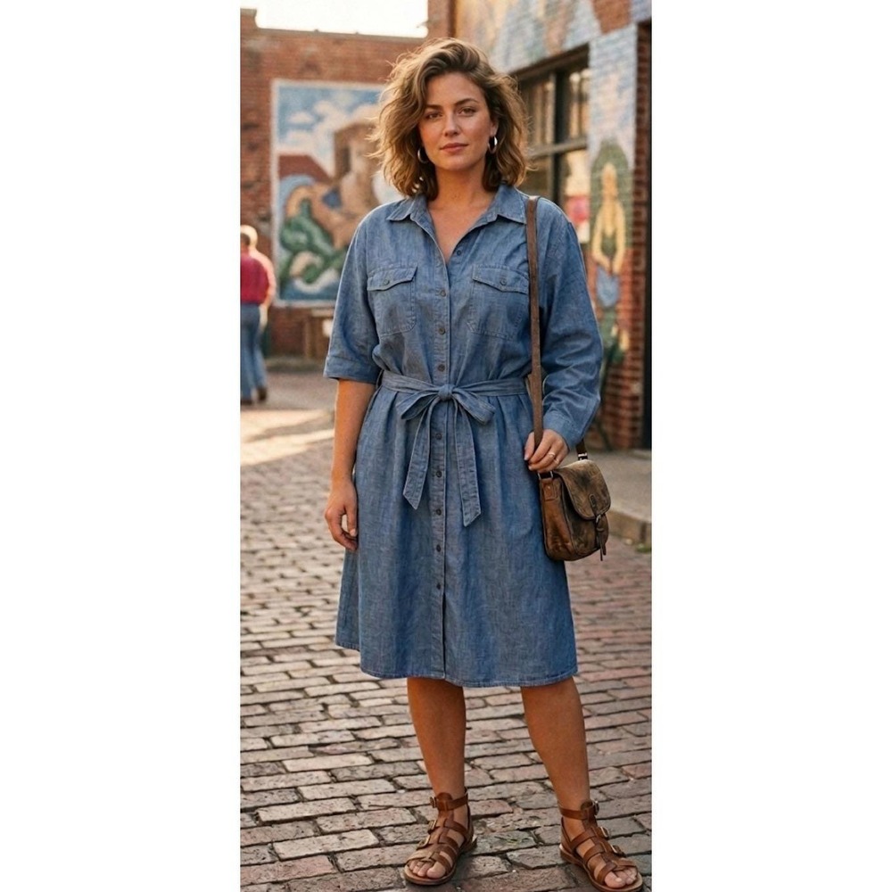Faded Glory 90s Denim Cotton Chambray Shirt Dress Belted Midi XL 16-18